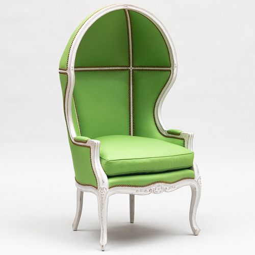Louis XV Style White Painted and Brass-Studded Upholstered Porter's Chair