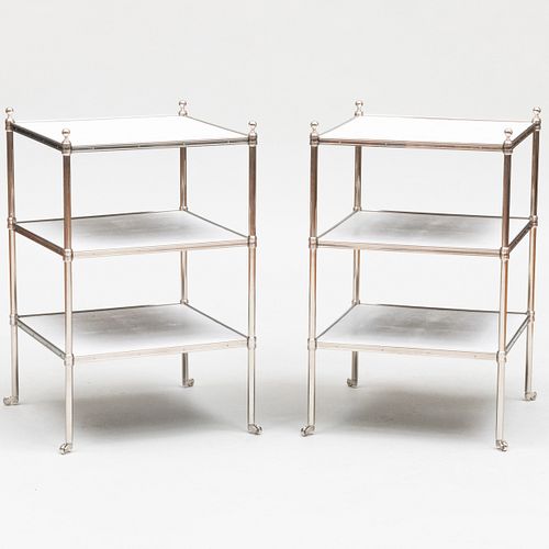 Pair of Modern Chrome and Embossed Leather Three-Tier End Tables
