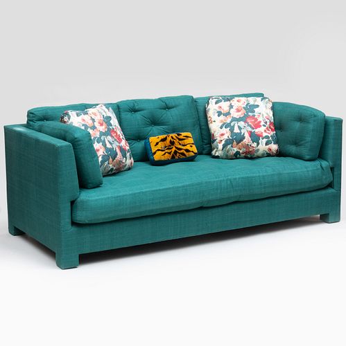 Green Matka Tufted Upholstered Sofa, together with Three Chintz Pillows and a Tiger Lumbar Pillow