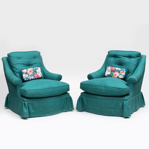 Pair of Green Silk Matka Upholstered Club Chairs