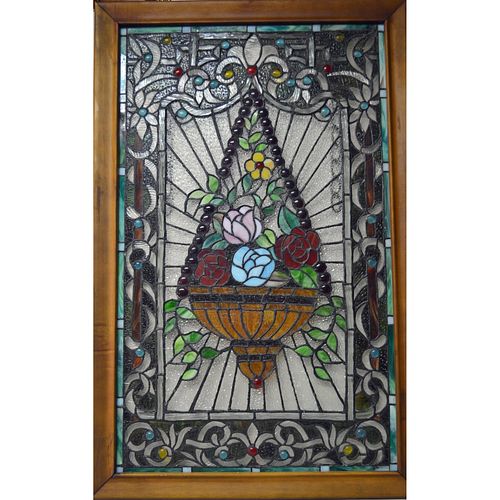 Vintage Stain Glass Window, Wood Frame