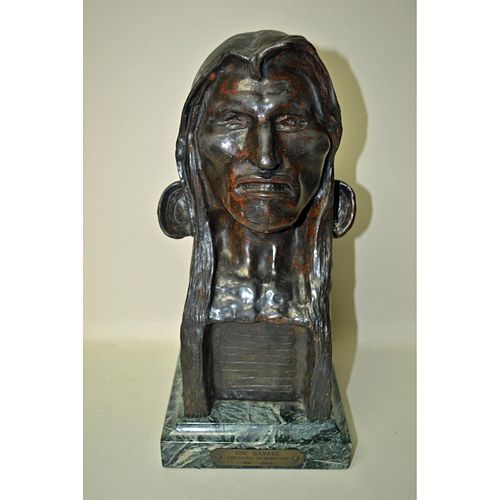 Frederick Remington (1861-1909) Bronze Sculpture "The Savage" On Marble, Signed