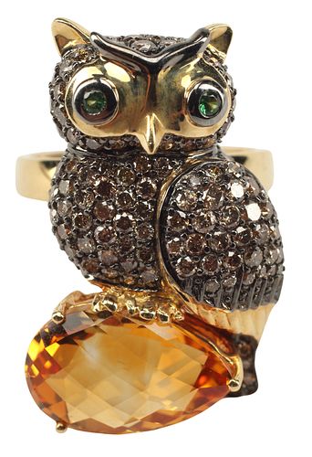 ESTATE 18KT GOLD CITRINE & DIAMOND-SET OWL CONVERTIBLE PENDANT RING