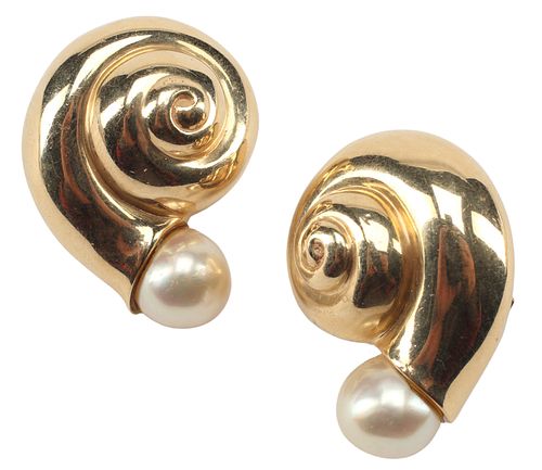 (PAIR) ESTATE 14KT YELLOW GOLD & PEARL NAUTILUS-FORM EARRINGS