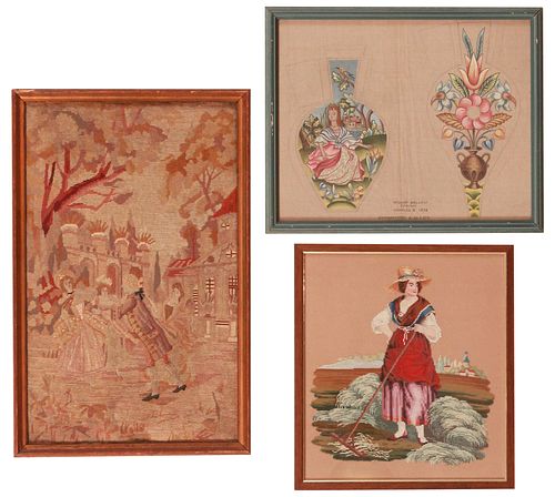 A Continental Framed Needelpoint of Three Maidens<br>A Framed Handpainted Textile Pattern, Together with a Smaller Handpainted Pattern<br>A Framed Nee