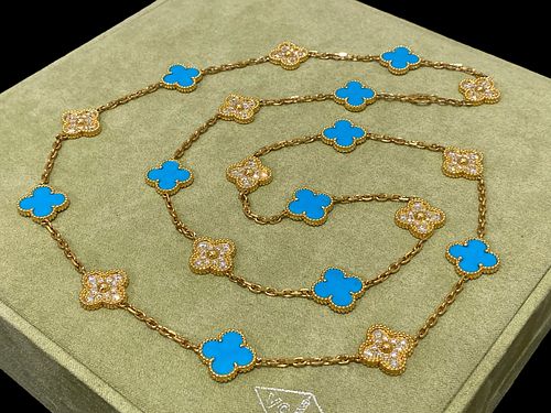 Van Cleef & Arpels Yellow Gold & Diamonds Vintage Alhambra 20 Motifs Long Necklace Turquoise