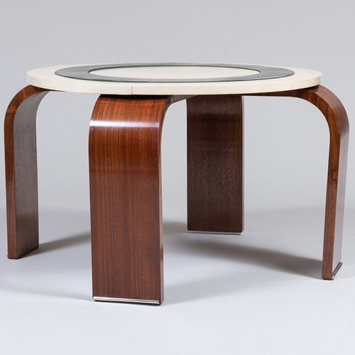 Attributed to André Domin and Marcel Genevriere for Maison Dominique, Chrome-Mounted Rosewood, Glass and Varnished Parchment Circular Low Table