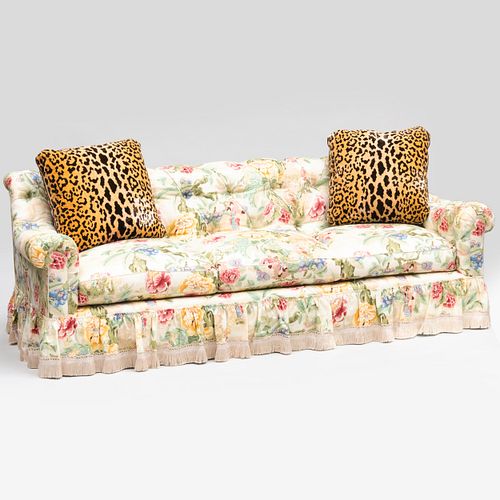 Linen Chintz Tufted Upholstered Three Seat Sofa, With a Fringed Skirt and A Pair of Leopard Pillows