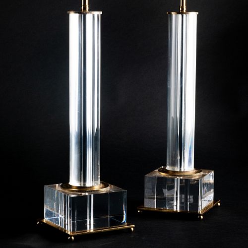 Pair of Contemporary Brass and Chrome-Mounted Plexiglass Columnar Lamps