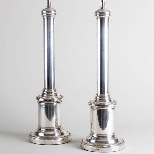 Pair of Silver Plate Columnar Lamps