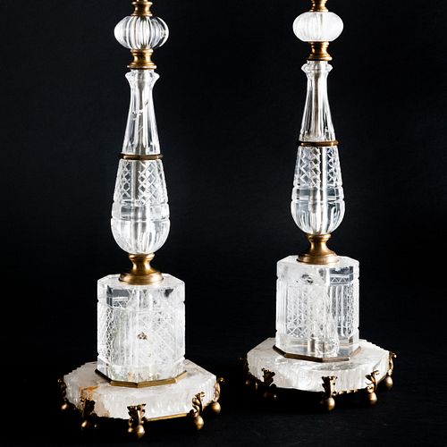 Pair of Baroque Style Gilt-Bronze-Mounted Rock Crystal and Cut-Glass Lamps