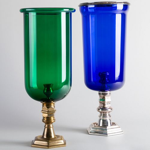 Brass and Green Glass Photophore and a Ralph Lauren Silver Metal and Cobalt Glass Photophore