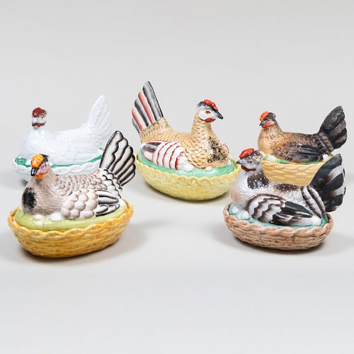 Group of Five Porcelain Hen Form Boxes and Covers