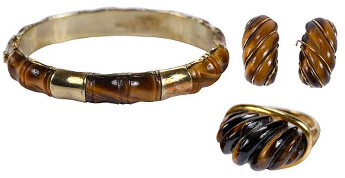 Yellow Gold Tiger Eye Set, Ring, Clip on Earrings and Bracelet