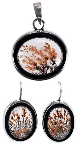 Dendrite Agate, Two Piece Set, Earrings and Pendant