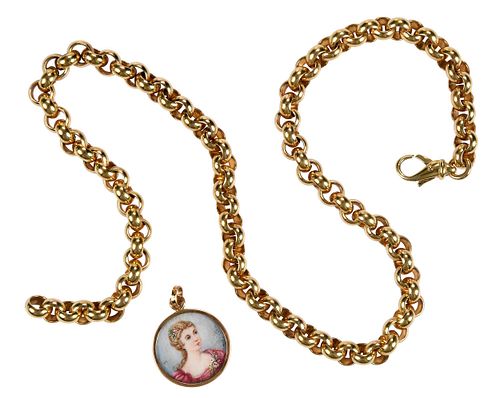 14kt. Gold Large Rolo Link Chain and French Painted Pendant