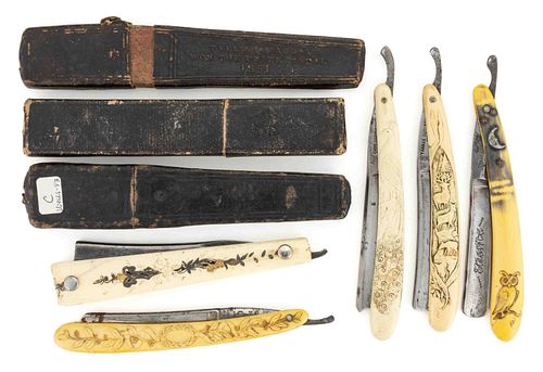 GERMAN AND AMERICAN FIGURAL CELLULOID-HANDLED STRAIGHT RAZORS AND ASSOCIATED BOXES, LOT OF EIGHT