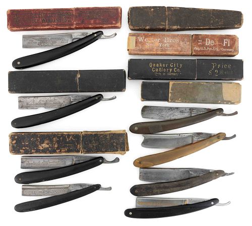 ETCHED-BLADE HORN AND CELLULOID-HANDLED STRAIGHT RAZORS AND ASSOCIATED BOXES, LOT OF 15