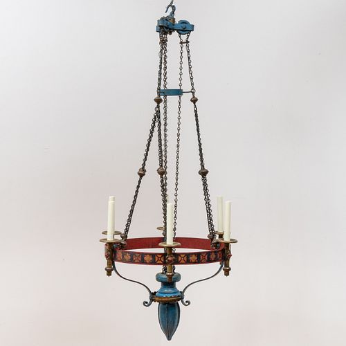 English Gothic Revival Painted Iron, Brass and Parcel-Gilt Counterweight Six-Light Chandelier