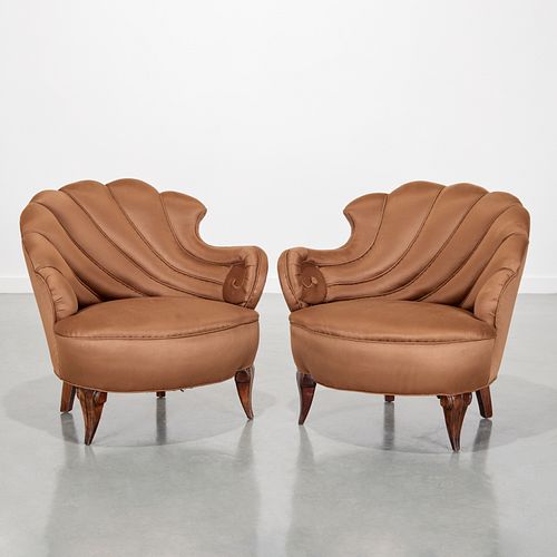 Pair Hollywood Regency shell-back lounge chairs