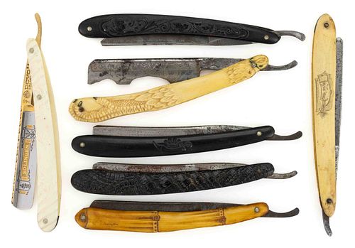 AMERICAN / GERMAN / ENGLISH FIGURAL BONE AND CELLULOID-HANDLED STRAIGHT RAZORS, LOT OF SEVEN