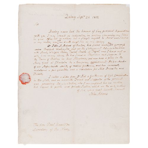 John Adams Autograph Letter Signed to the Secretary of the Navy, Recommending a Naval Surgeon Who Served "Under President Washington"