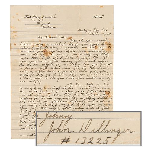 John Dillinger Autograph Letter Signed from Prison: "I am broke right now but just you wait untill I get out"