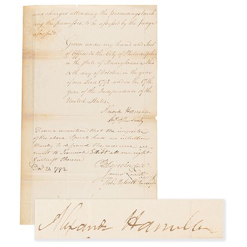 Alexander Hamilton Signed Document on the Import of Distilled Spirits