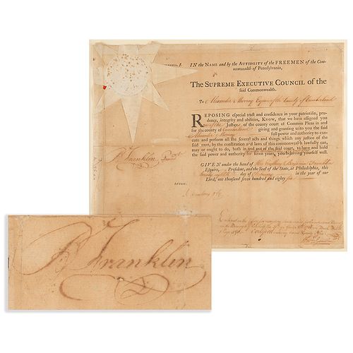Benjamin Franklin Document Signed as President of Pennsylvania, Assigning a Justice to "the county court of Common Pleas"