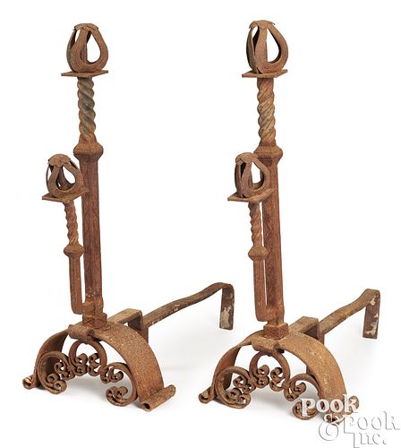 Pair of massive wrought iron Continental andirons