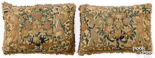 Pair of Brussels tapestry pillows, 16th c., depict