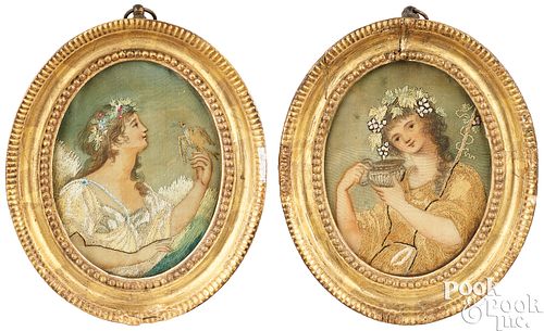 Pair of small oval needlework pictures, ca. 1800