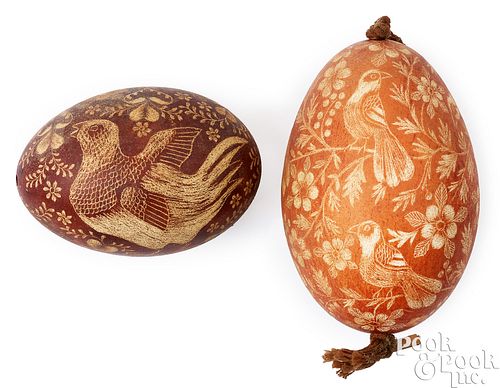 Two Pennsylvania pin carved eggs, 19th c.