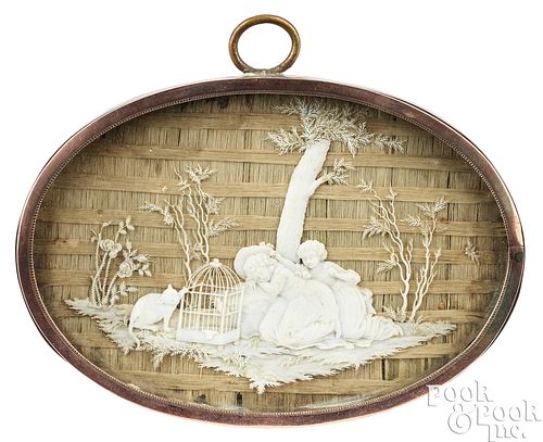 Oval brass and gold ivory relief hanging pendant