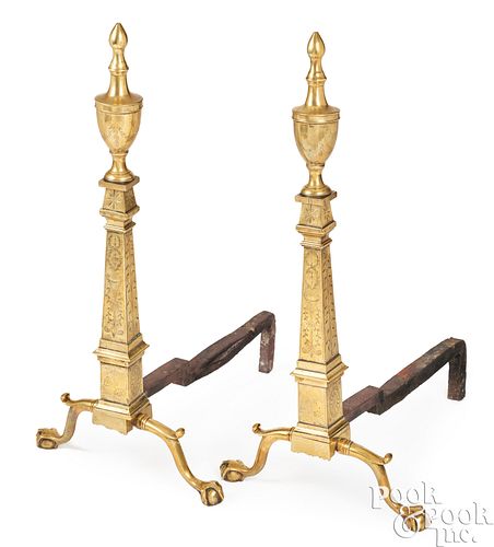 Rare pair of highly engraved andirons, ca. 1790