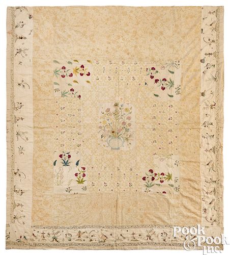 Elaborate English pieced embroidered coverlet, ca.