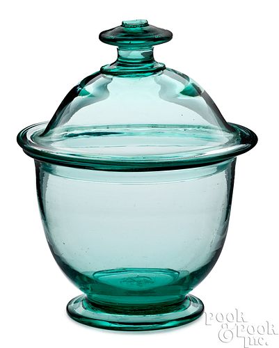 Pittsburgh-type aqua glass covered sugar bowl