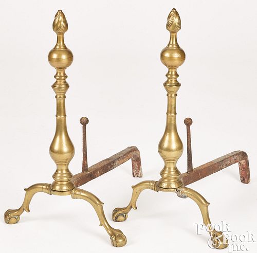 Pair of American Queen Anne brass andirons
