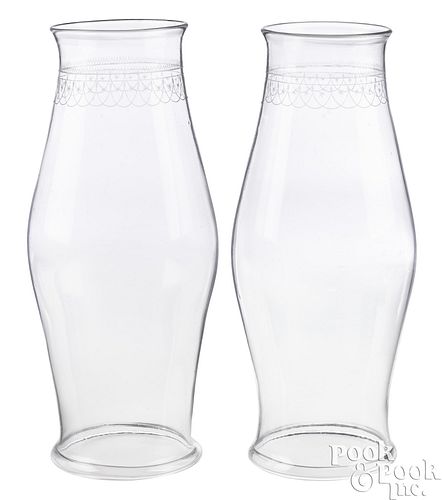 Large pair of etched clear glass hurricane globes