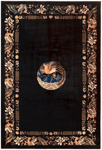 Antique Chinese Rug on a Black Background 5 ft 11 in x 8 ft 10 in (1.8 m x 2.69 m)