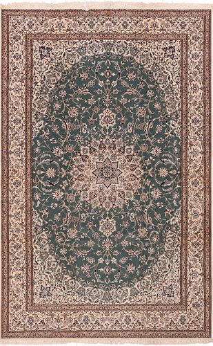Vintage Silk And Wool Persian Nain Green Background Rug 8 ft 11 in x 5 ft 11 in (2.71 m x 1.8 m)