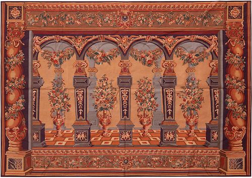 No Reserve Early 20th Century Antique French Colonnades Tapestry 7 ft 2 in x 4 ft 11 in (2.18 m x 1.49 m)