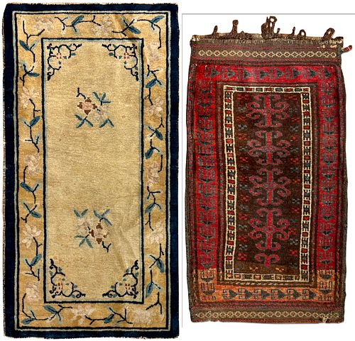 No Reserve Antique Afghan Rug + Antique Chinese Ningxia Rug 3 ft 8 in x 2 ft 1 in (1.11 m x 0.63 m)+3 ft 9 in x 2 ft 0 in (1.14 m x 0.6 m)