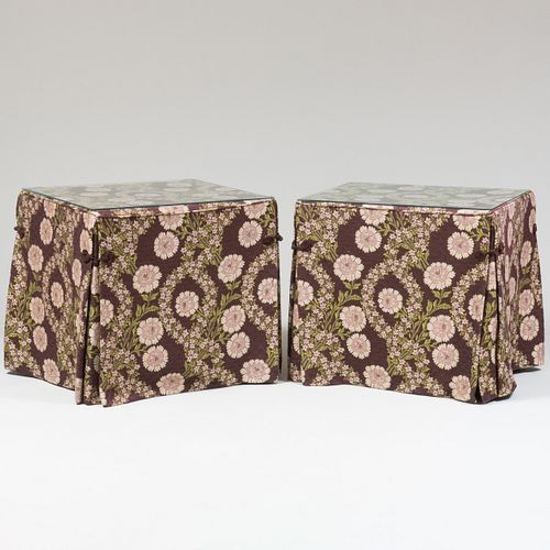 Pair of Modern Glass-Topped Fabric Covered Side Tables