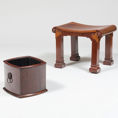 Regency Style Mahogany Stool together with a Metal-Mounted Mahogany and Oak Wastepaper Basket