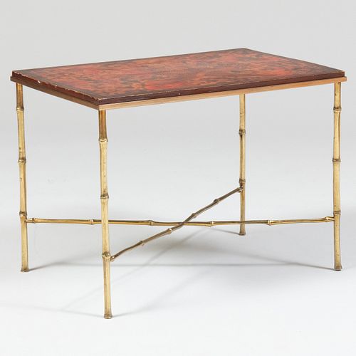 Asian Inspired Lacquer Panel and Faux Bamboo Brass Low Table