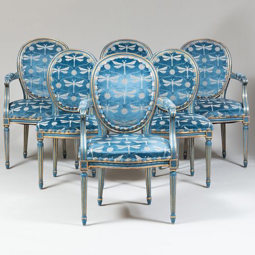 Set of Four Louis XVI Style Blue Painted and Parcel-Gilt Armchairs and Two Side Chairs, Modern