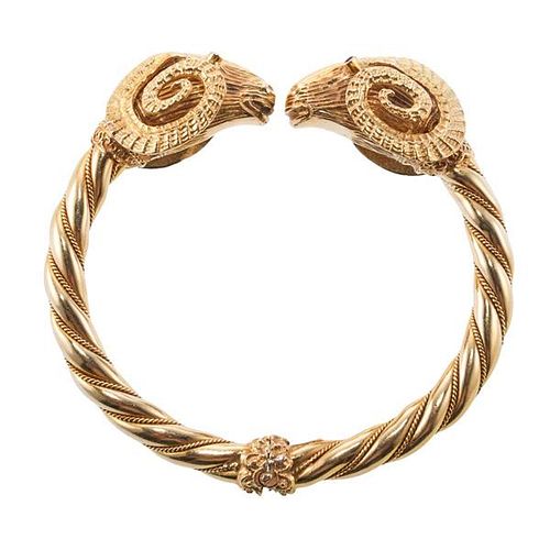 18k Gold Double Ram&#39;s Head Bangle Cuff Bracelet