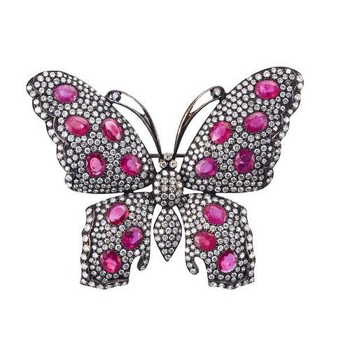 18k Gold Diamond Ruby Butterfly Brooch