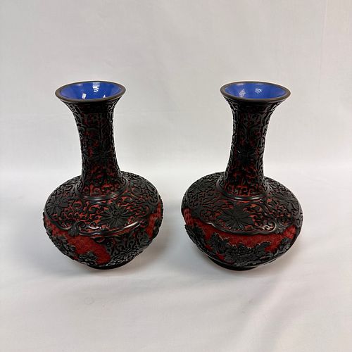 Lacquer & Cinnabar Fluted Neck Vases
